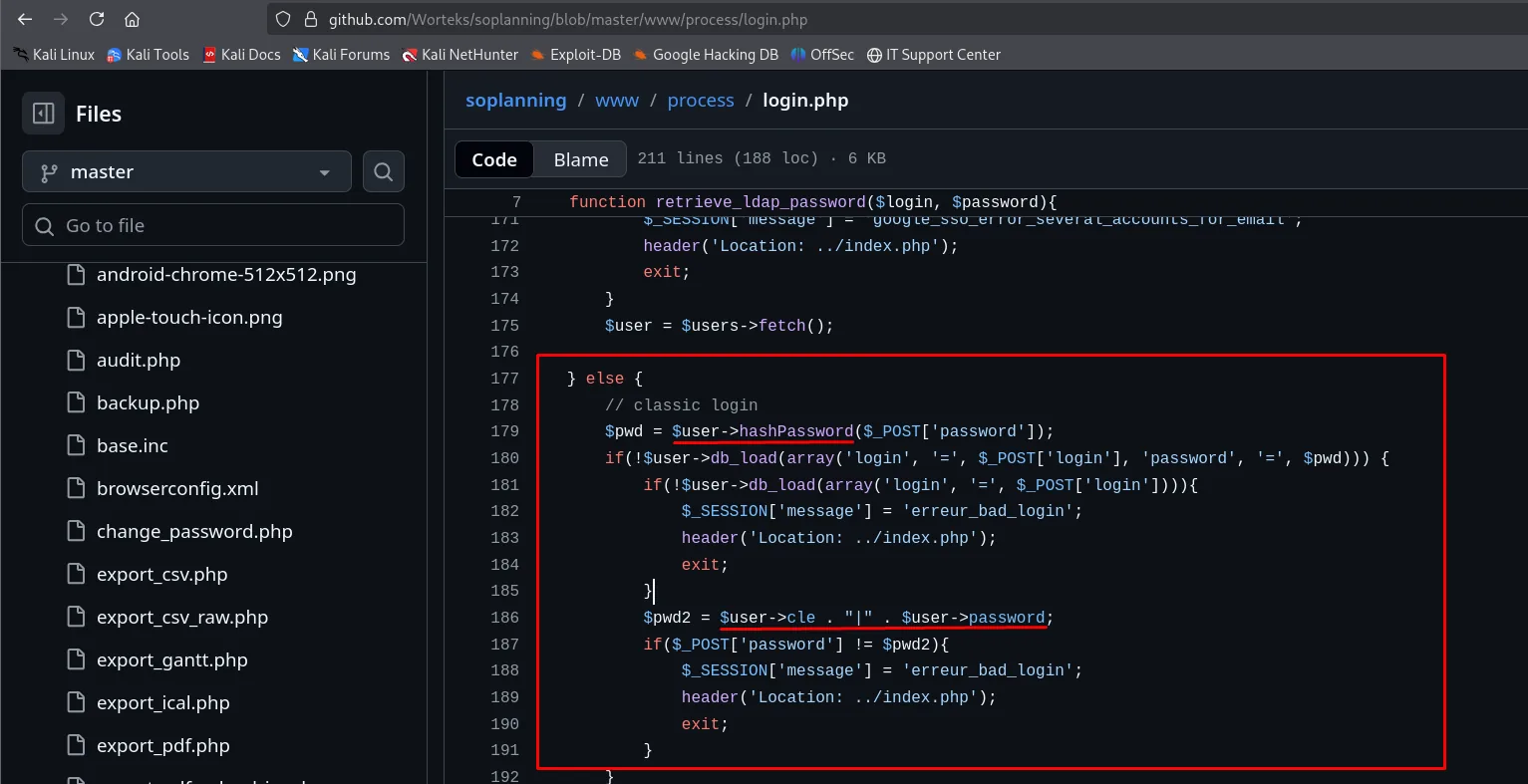 login.php de Soplanning en GitHub: si falla el login normal, compara la contraseña enviada contra la concatenación cle | password