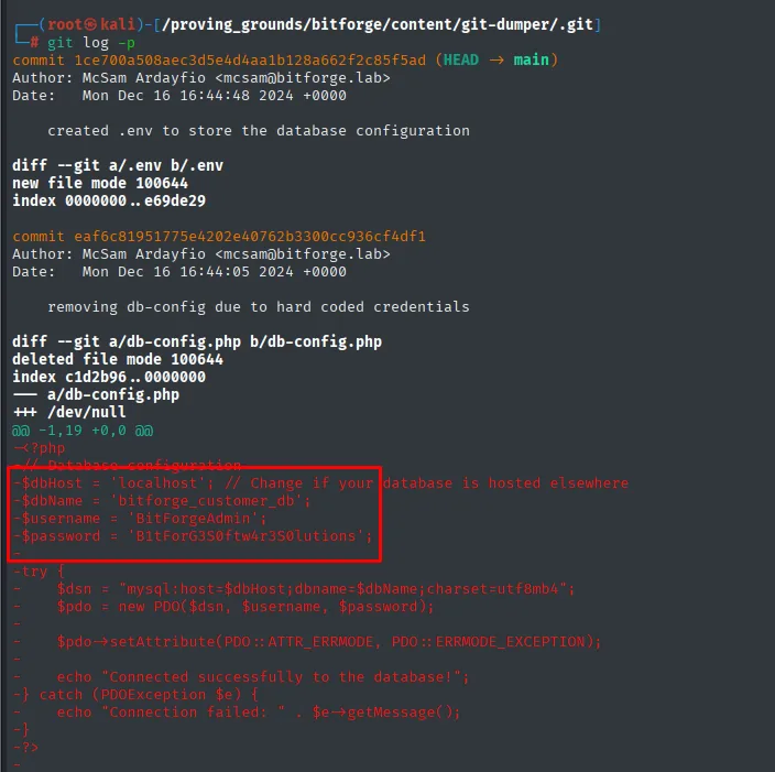 git log -p recupera db-config.php del historial con las credenciales de la BD