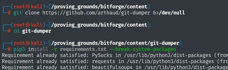 git clone del repositorio de git-dumper y la instalación de sus dependencias con pip3