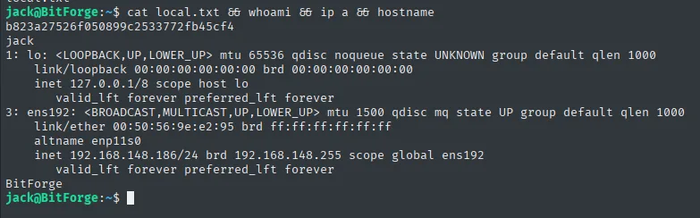 local.txt leída como el usuario jack en BitForge