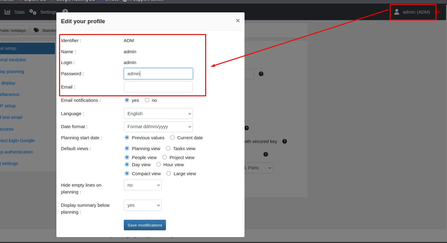 Perfil de admin (ADM) en Soplanning ya autenticados: fijamos la contraseña a admin y guardamos