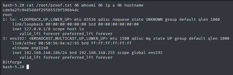 proof.txt leída como root en BitForge