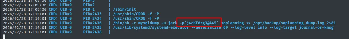 pspy capta el cron (UID=0) con mysqldump -u jack -p'j4cKF0rg3@445' soplanning volcando a /opt/backup