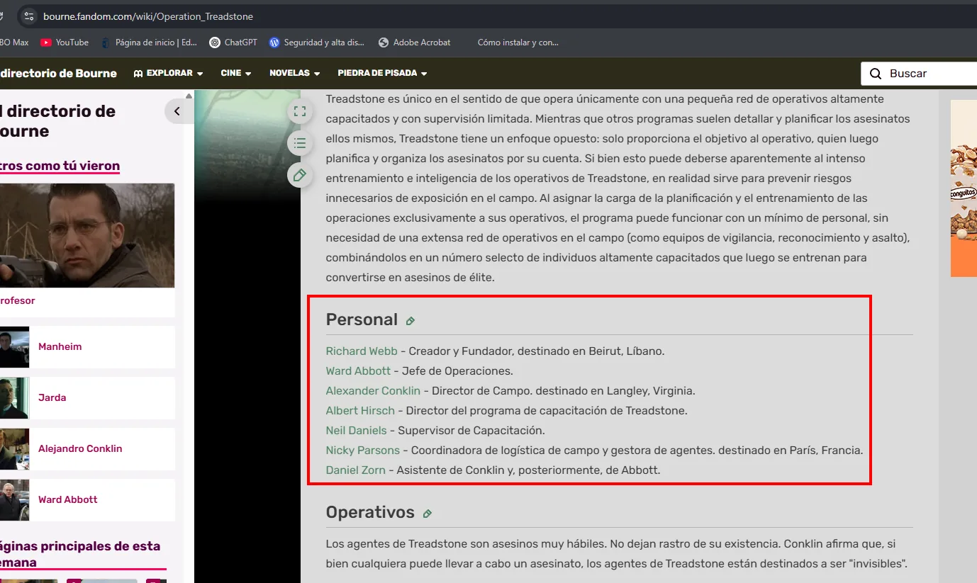 la entrada de Operation Treadstone en bourne.fandom.com, con la sección Personal listando a Richard Webb, Ward Abbott, Alexander Conklin, Albert Hirsch, Neil Daniels, Nicky Parsons y Daniel Zorn