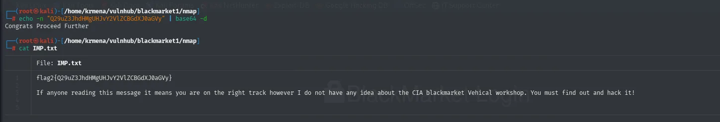 el base64 de la flag2 devuelve Congrats Proceed Further y el cat de IMP.txt muestra el mensaje completo