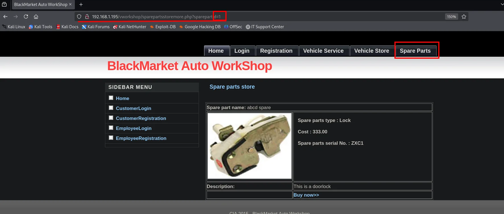 la sección Spare Parts de BlackMarket Auto WorkShop con la ficha de la pieza abcd spare y el parámetro sparepartid=1 resaltado en la URL