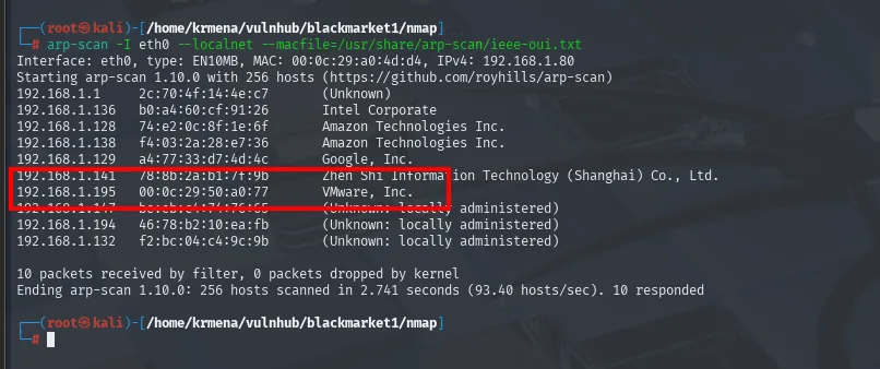 arp-scan lista los hosts del segmento; 192.168.1.195 aparece con una MAC de VMware, Inc.