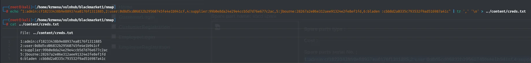 el volcado partido por comas queda en creds.txt con las cinco parejas usuario:hash
