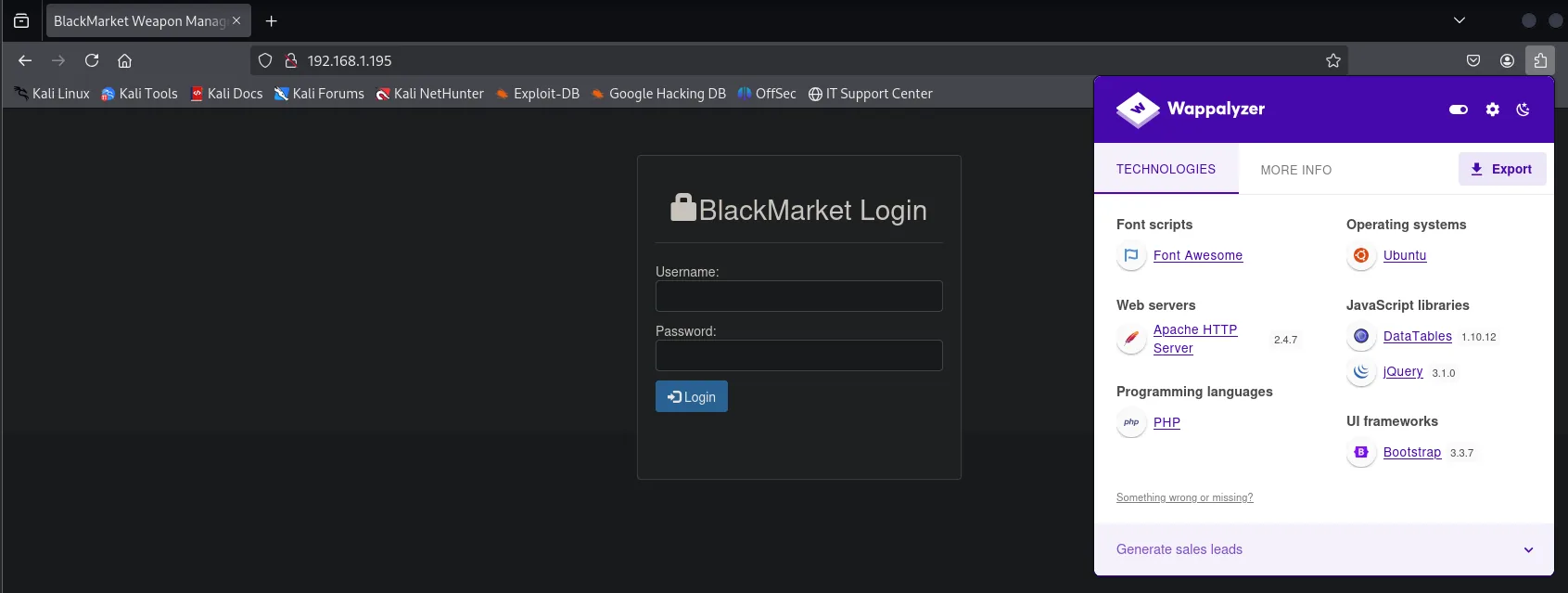 Wappalyzer sobre el panel BlackMarket Login: Ubuntu, Apache 2.4.7, PHP, Bootstrap 3.3.7, jQuery 3.1.0 y DataTables 1.10.12