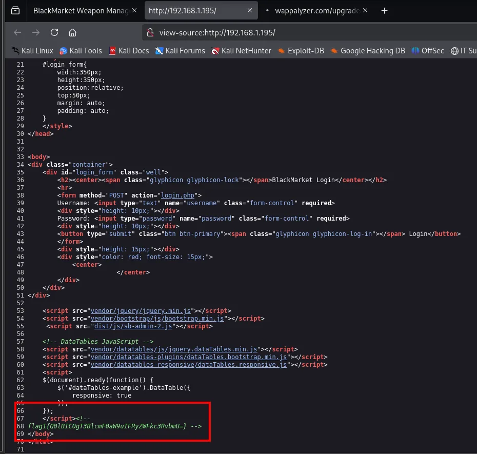El código fuente de la web termina con un comentario HTML: flag1 seguida de una cadena en base64