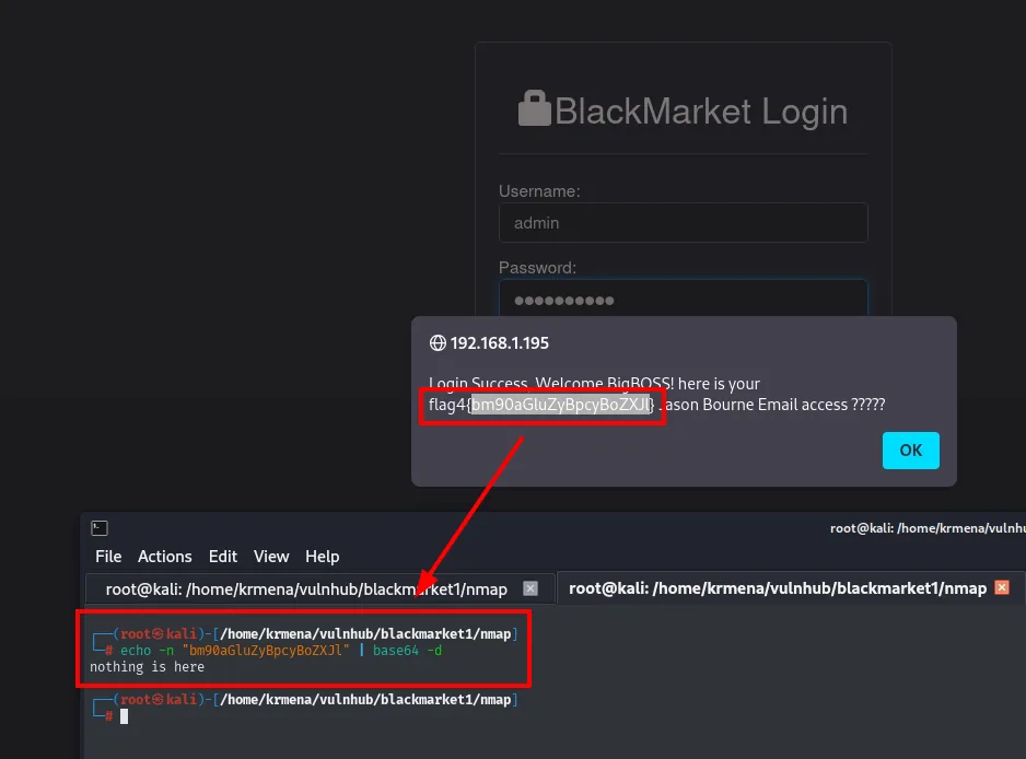 el popup con la flag4 y, debajo, el base64 -d de la cadena devolviendo nothing is here