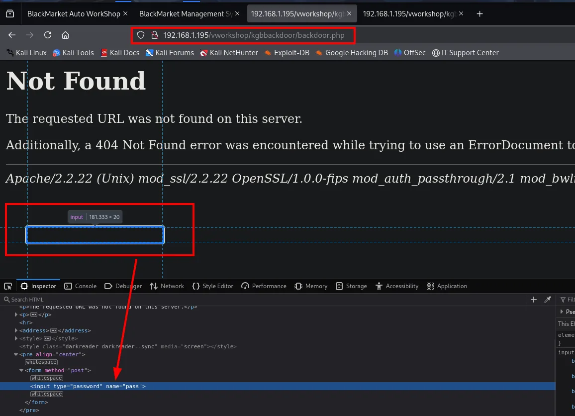 backdoor.php simula un "Not Found" de Apache/2.2.22 (Unix), pero el inspector revela un <input type="password" name="pass"> oculto dentro de un formulario POST