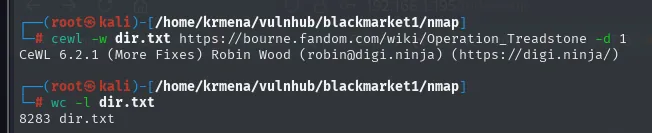 cewl 6.2.1 generando dir.txt desde la wiki de Operation Treadstone; wc -l devuelve 8283 palabras