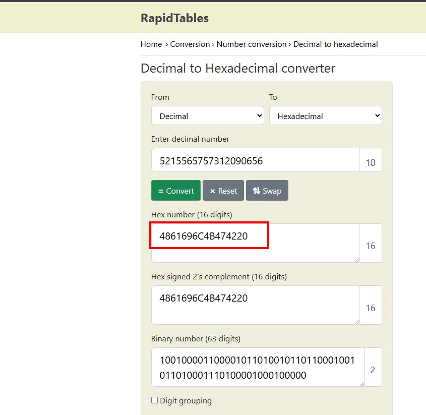 RapidTables convirtiendo el decimal 5215565757312090656 a hexadecimal: 4861696C4B474220