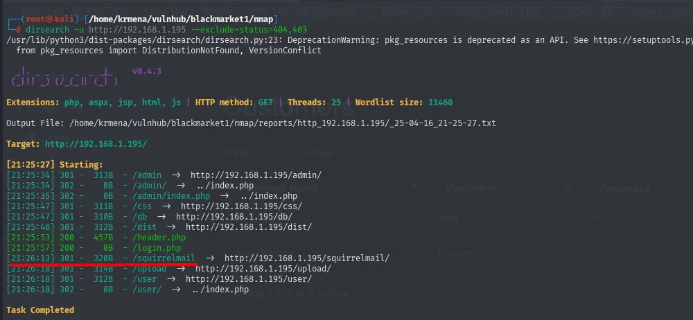 dirsearch sobre el 80 con 11460 palabras: encuentra /admin, /css, /db, /dist, /header.php, /login.php, /squirrelmail, /upload y /user