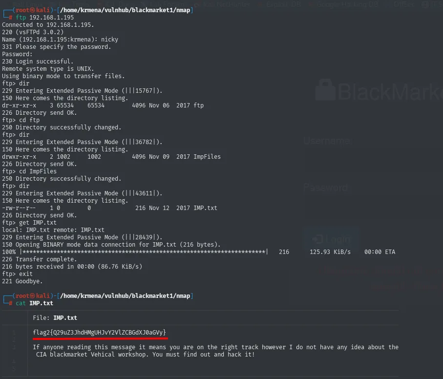 Sesión FTP como nicky: navega a ftp/ImpFiles, descarga IMP.txt y el cat muestra flag2 y el mensaje sobre el "CIA blackmarket Vehical workshop"