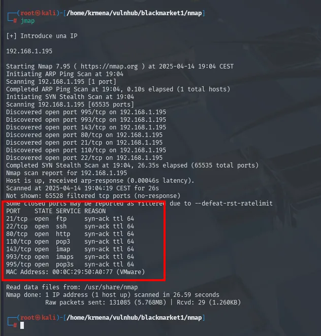nmap -p- contra 192.168.1.195: descubre los puertos 21, 22, 80, 110, 143, 993 y 995 abiertos, con 65528 puertos filtrados