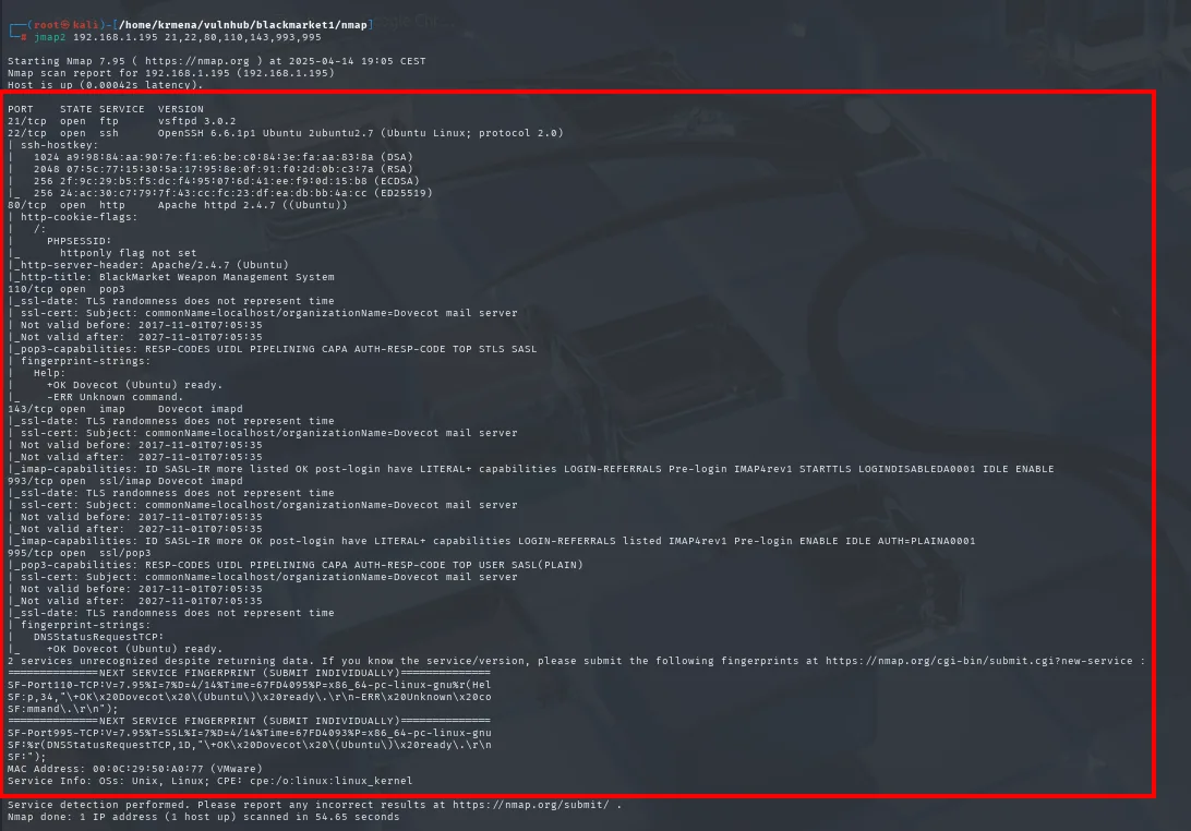 nmap -sCV sobre los siete puertos: vsftpd 3.0.2, OpenSSH 6.6.1p1, Apache 2.4.7 con el título "BlackMarket Weapon Management System" y Dovecot en los cuatro puertos de correo