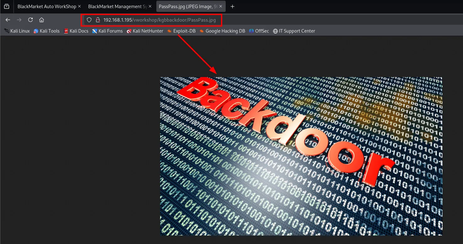 La ruta /vworkshop/kgbbackdoor/PassPass.jpg muestra una imagen con la palabra "Backdoor" sobre un fondo de dígitos binarios