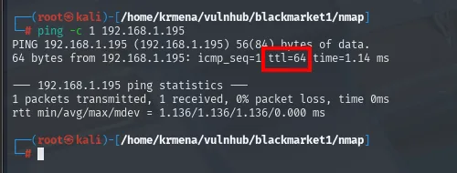 ping -c 1 192.168.1.195 con una respuesta icmp_seq=1 ttl=64 time=1.14 ms y 0% packet loss