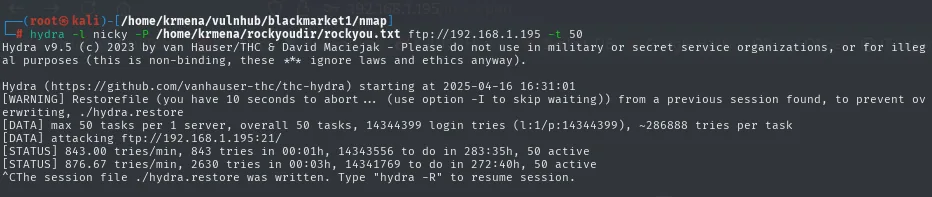 hydra con rockyou contra el FTP: 14344399 intentos a 843 por minuto, con una estimación de 283:35 horas, abortado con Ctrl+C