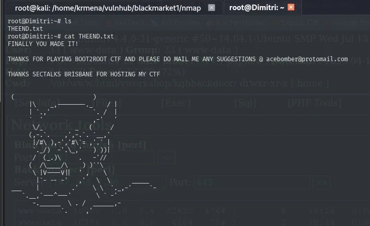 Shell root@Dimitri leyendo THEEND.txt: "FINALLY YOU MADE IT! THANKS FOR PLAYING BOOT2ROOT CTF..."