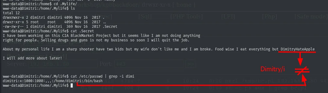 .Secret de dimitri: texto que termina en "DimitryHateApple"; /etc/passwd muestra el usuario dimitri