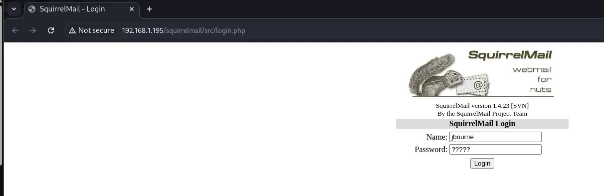 Login de SquirrelMail 1.4.23 con Name "jbourne" y Password "?????"
