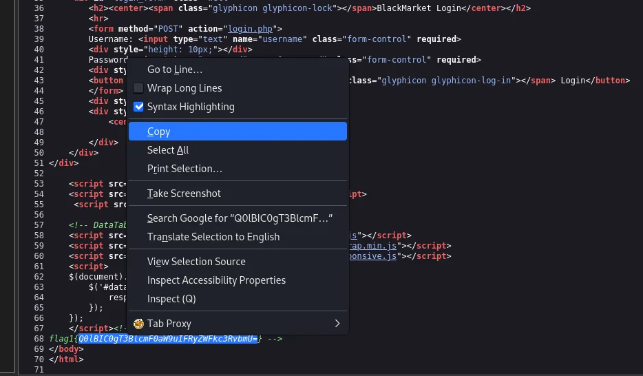 la cadena en base64 seleccionada dentro del view-source, con el menú contextual y la opción Copy