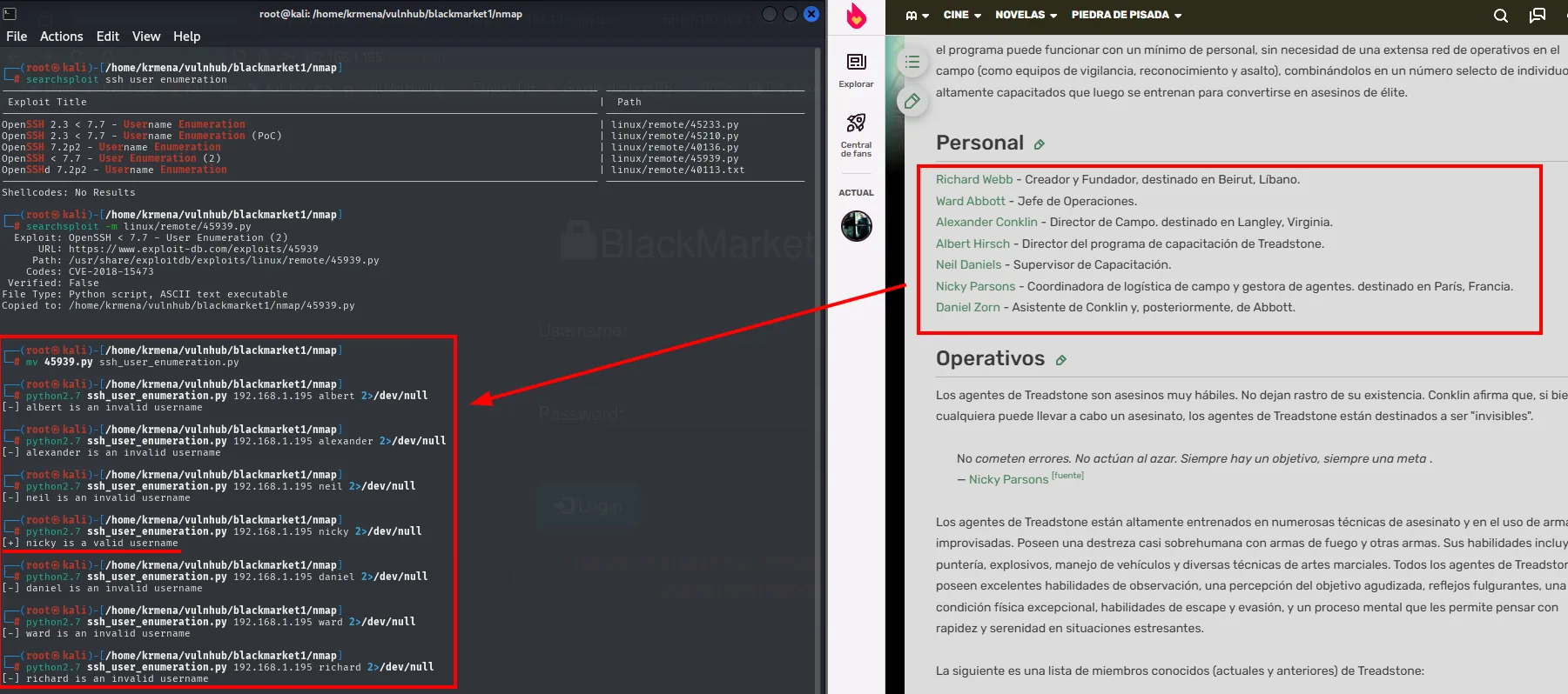 El exploit 45939.py probando albert, alexander, neil, nicky, daniel, ward y richard; solo "nicky is a valid username"