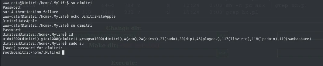 su dimitri falla con la contraseña literal pero funciona con DimitriHateApple; id muestra el grupo 27(sudo) y sudo su da root@Dimitri