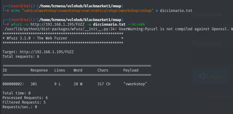 wfuzz con el diccionario de 6 palabras: de 6 peticiones filtra 5 y devuelve un 301 para "vworkshop"
