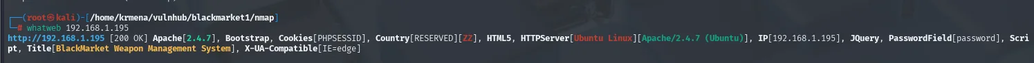 whatweb contra el 80: Apache 2.4.7, Bootstrap, cookie PHPSESSID, PasswordField y el título "BlackMarket Weapon Management System"