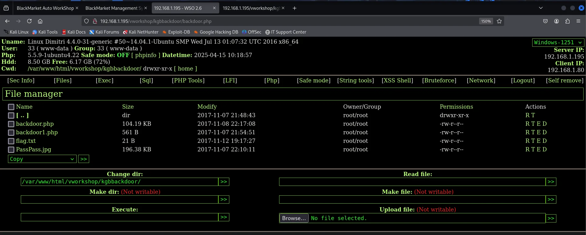El panel WSO 2.6 tras autenticarse: Uname Linux Dimitri 4.4.0-31-generic, User 33 (www-data), PHP 5.5.9, Cwd /var/www/html/vworkshop/kgbbackdoor/ y un gestor de ficheros con backdoor.php, backdoor1.php, flag.txt y PassPass.jpg