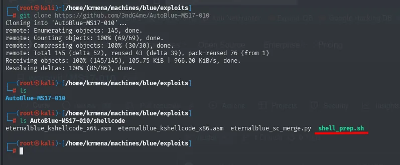 clonado del repositorio AutoBlue-MS17-010 y contenido del directorio shellcode