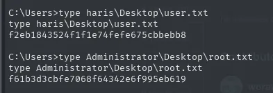 lectura de user.txt de haris y root.txt de Administrator desde la shell SYSTEM