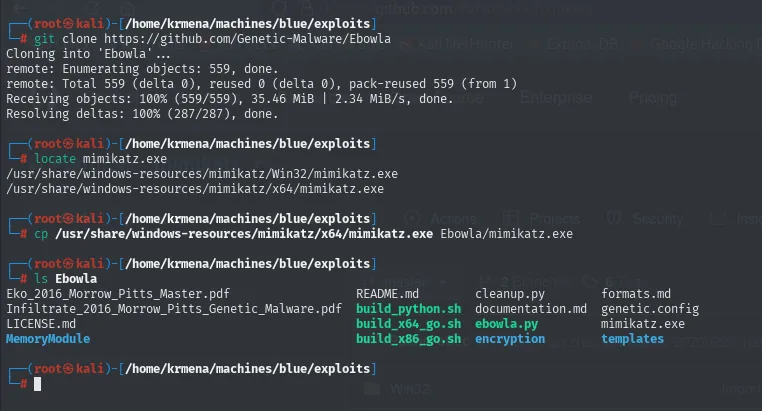 clonado de Ebowla y copia del mimikatz.exe de x64 dentro de su directorio