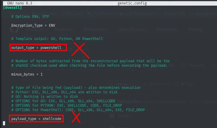 genetic.config con los valores por defecto: output_type powershell y payload_type shellcode