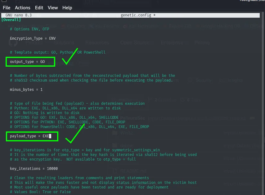 genetic.config modificado con output_type GO y payload_type EXE